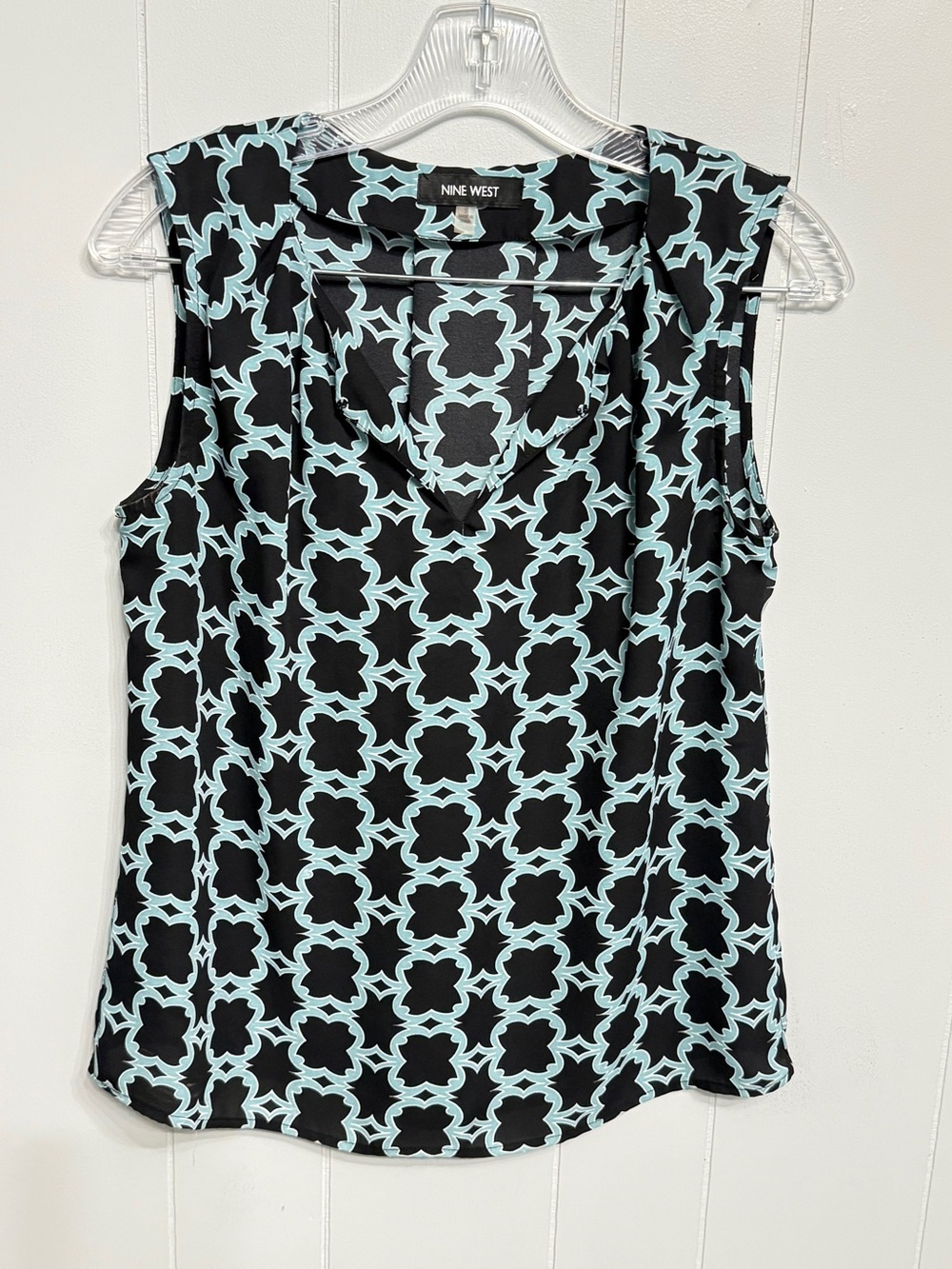 #19) Nine West Black & Light Blue Geometric Cowl-Neck Sleeveless Top
